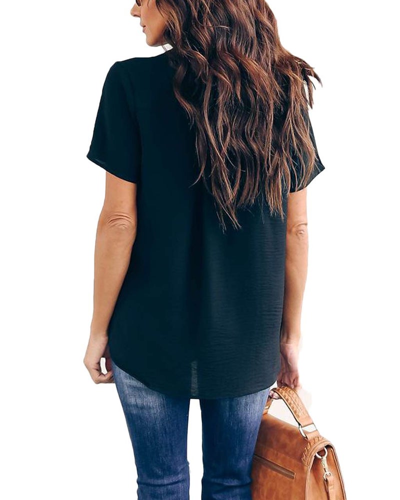 Allimy Women Summer Casual V Neck Chiffon Blouses Short Sleeve Loose Tunic Tops Medium Black - Image 4
